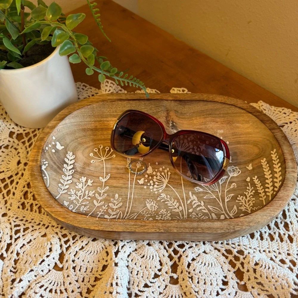WT Collection Wing Tai Trading Co Floral Carved Wooden Oval Trinket Tray